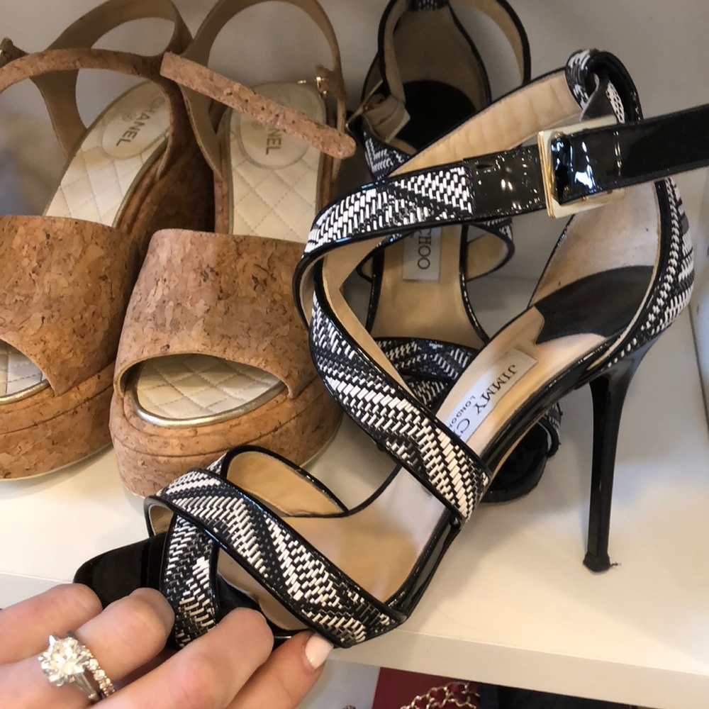 Jimmy Choo black and white woven heels sz 38